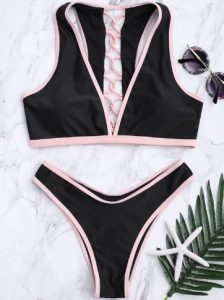 Piping High Cut Plunge Bathing Suit