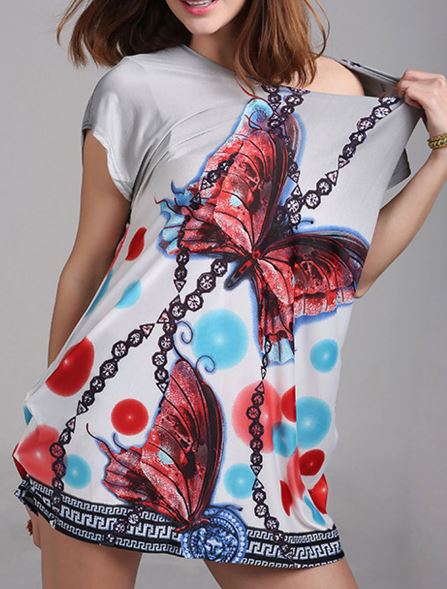Spring Summer Polyester Women Round Neck Floral Printed Batwing Sleeve Short Sleeve T-Shirts