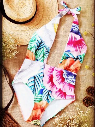 Cut Out Printed Halter One-Piece Swimwear