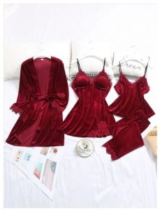 Captivating Wine Red Four Pieces Lace Trim Sling Sleepwear Wholesale Cheap